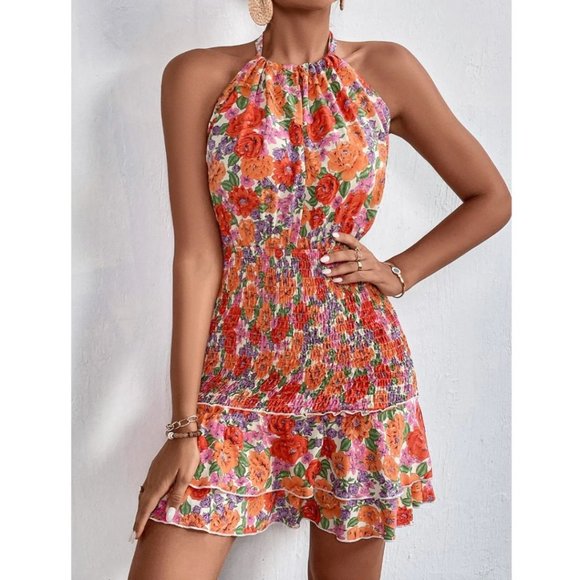 Shirred Floral Print Backless Halter Dress - Picture 1 of 6